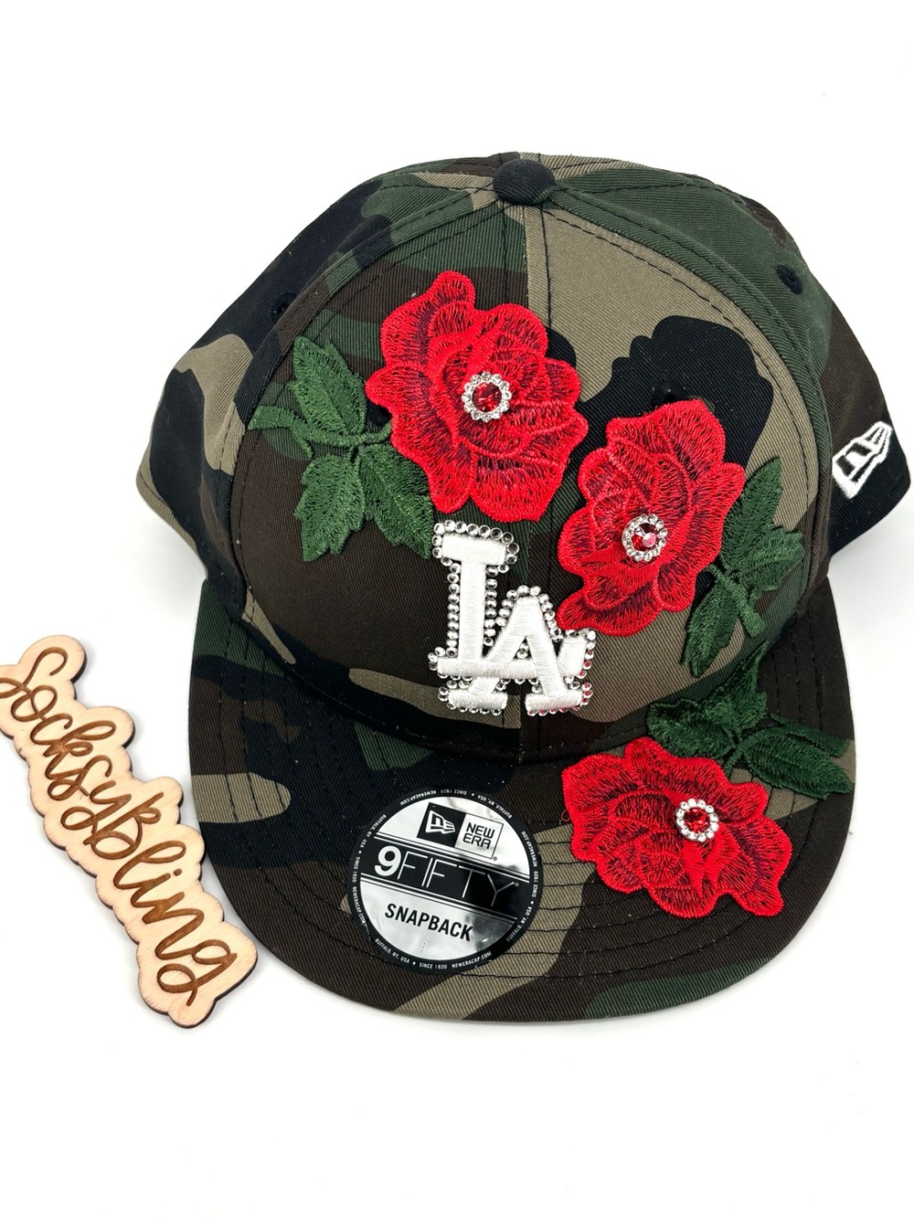 New Era Camo Cap with Bling and Red Floral Embroidery